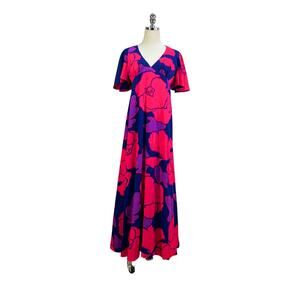 Vintage Tahiti Imports Hawaiian Floral Cut Out Back Dress Pink Purple